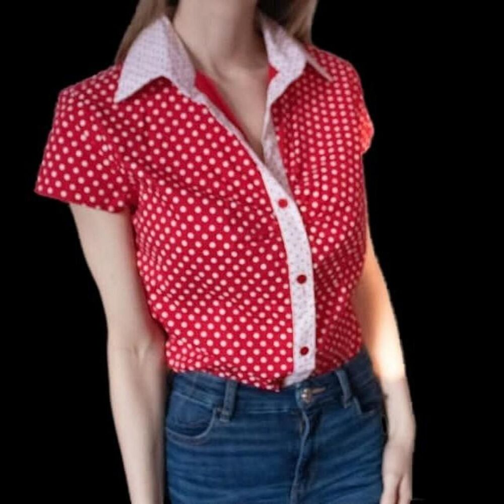 Vintage Objex Retro Mod 60s White and Red polka dot Blouse
